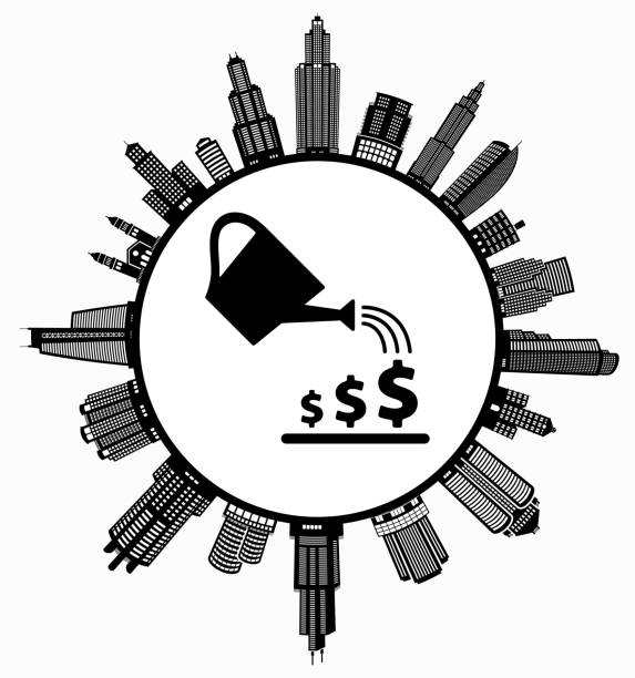 Watering Money  on Modern Cityscape Skyline Background Watering Money  on Modern Cityscape Skyline Background. The main image depicted is placed inside a white circle. The circle is in the center of the illustration. A detailed 100% vector cityscape skyline is placed around the circumference of the circle and includes various office, residential condominium and commercial real estate buildings. The image is black and white. The image is ideal for displaying city life concepts and ideas. real estate outdoors vertical usa stock illustrations