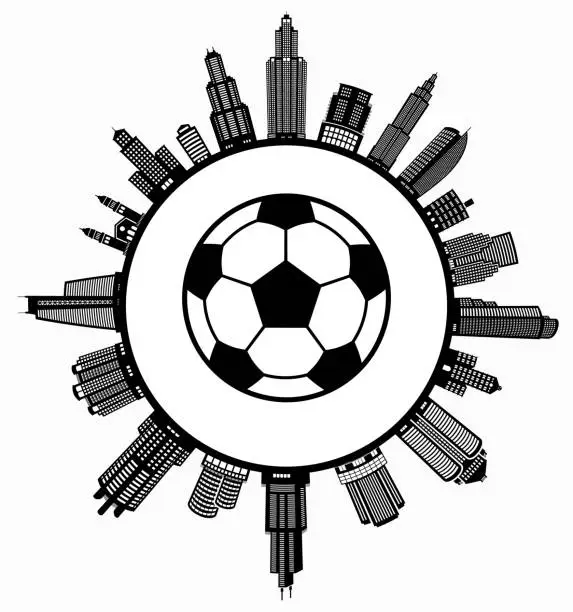 Vector illustration of Soccer Ball on Modern Cityscape Skyline Background