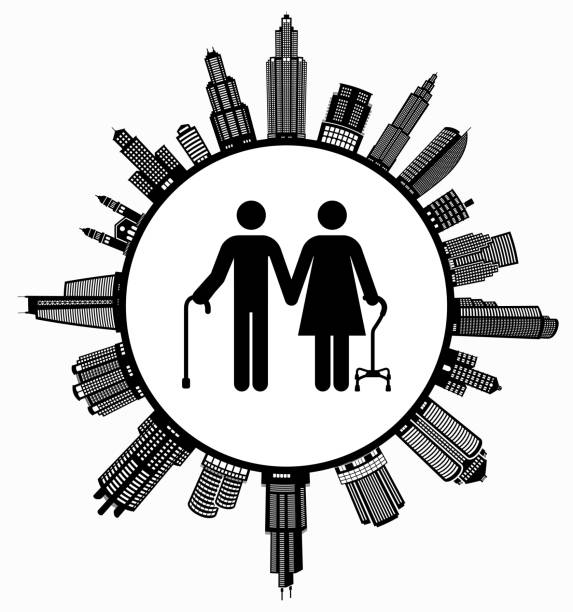 Elderly Couple  on Modern Cityscape Skyline Background Elderly Couple  on Modern Cityscape Skyline Background. The main image depicted is placed inside a white circle. The circle is in the center of the illustration. A detailed 100% vector cityscape skyline is placed around the circumference of the circle and includes various office, residential condominium and commercial real estate buildings. The image is black and white. The image is ideal for displaying city life concepts and ideas. 2933 stock illustrations