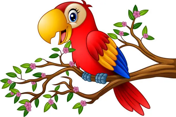 Vector illustration of Cartoon macaw on tree branch