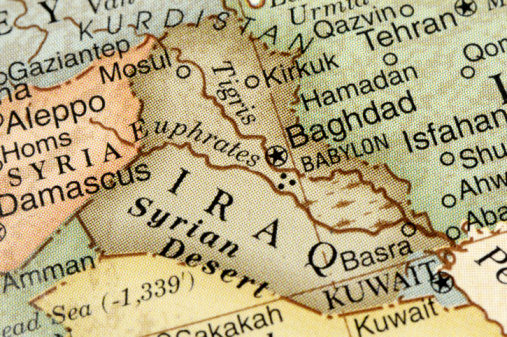 I macro photograph of Iraq on a desktop globe. Adobe RGB color profile.