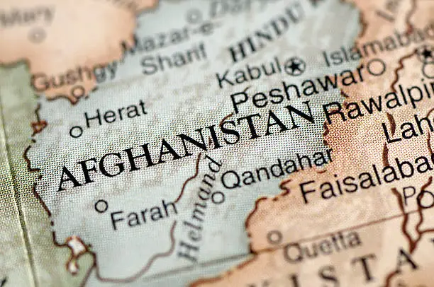 A close-up photograph of Afghanistan from a desktop globe. Adobe RGB color profile.