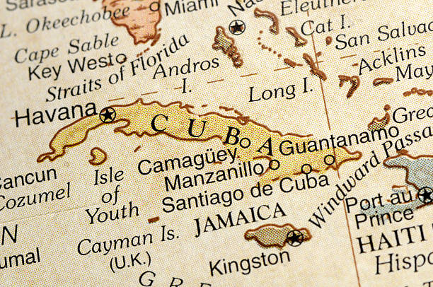 Close up of map of Cuba and surrounding areas stock photo