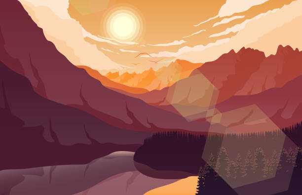 ilustrações de stock, clip art, desenhos animados e ícones de sunset mountain landscape with forest and lake - lake forest landscape silhouette