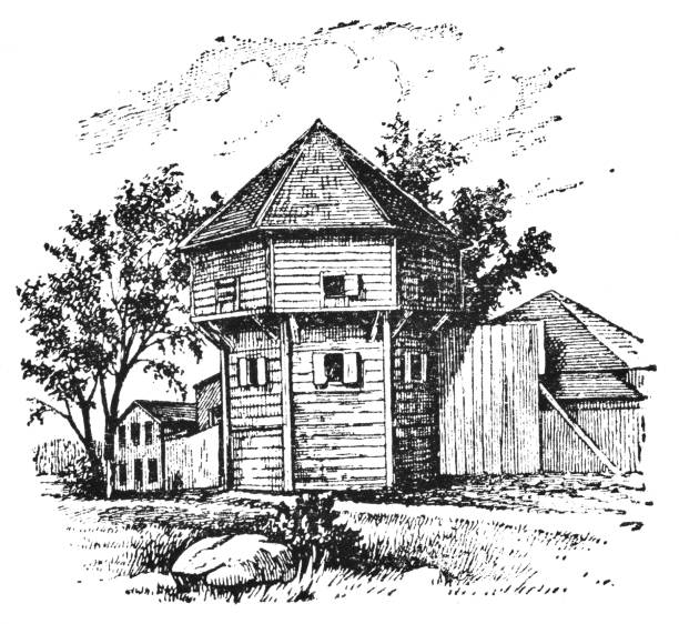 Fort Vancouver in Vancouver, Washington, United States.Until 1846 and the Oregon Treaty the fort was controlled by HBC. Vintage etching circa late 19th century.