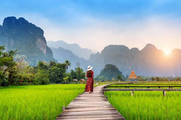 Photo of Young woman walking on wooden path with green rice field in Vang Vieng, Laos.