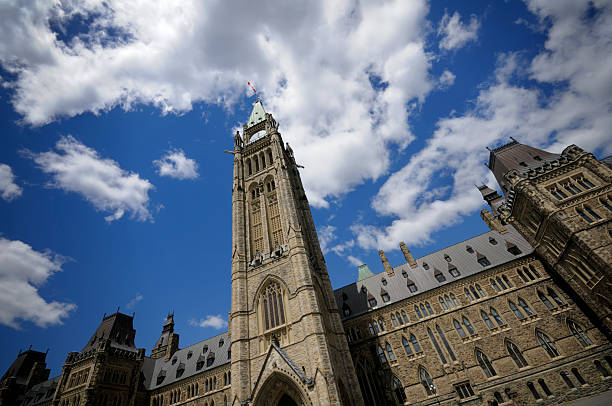A unique angle of the Peace Tower, in Ottawa, Canada. Part of the Canadian Parliament buildings. Adobe RGB color profile.