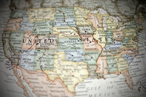 A macro photograph of The United States of America from a desktop globe. Adobe RGB color profile.