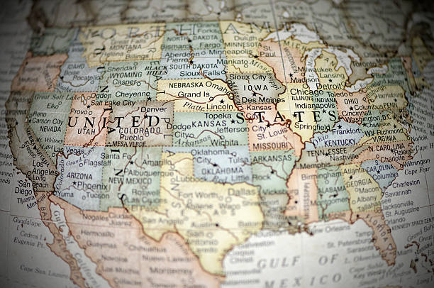 A colorful map showing the USA stock photo