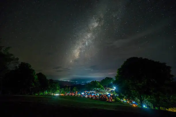 Photo of Camping site under milky way. View of the Milky Way galaxy at Doi Samer Dao - Sri Nan National Park, Nan, Thailand, night sky.