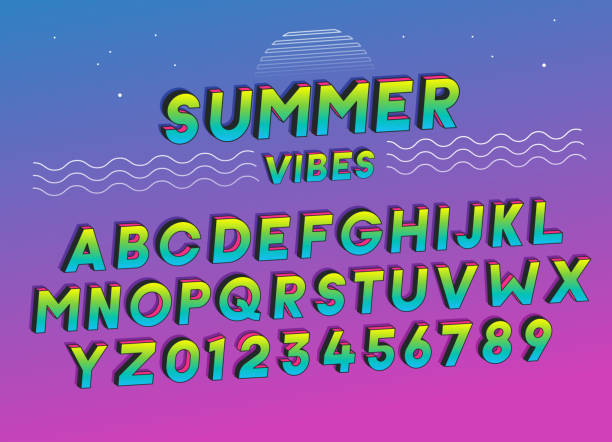Summer Vibes font effect design with vivid colors. Vector art. Includes full alphabet and numbers vector eps10 hippie fashion stock illustrations
