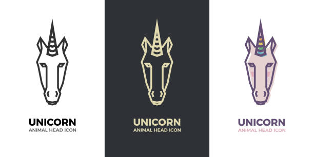 Stylized geometric Unicorn head illustration. Vector icon tribal icon. Colorful rainbow horn vector eps10 unicorn logo stock illustrations