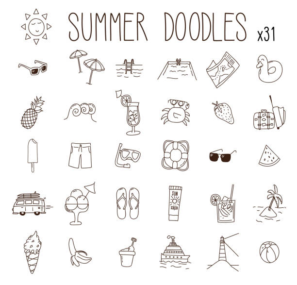 Set of 31 summer drawings. Vector doodle hand drawn icons. Beach, vacations, seasonal food and drinks and other summer illustrations vector eps10 swimming drawings stock illustrations
