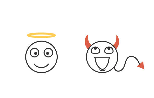 dobre i złe ikony emotikony koncepcji. głowy postaci reprezentujące sumienie. dobre i złe. zestaw ikon izolowanych wektorowych - expressing positivity devil angel moral dilemma stock illustrations