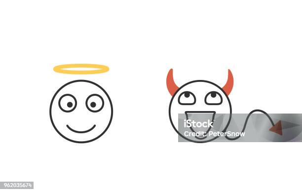 Good And Evil Concept Emoticon Icons Character Heads Representing Conscience Good And Bad Vector Isolated Icon Set Stock Illustration - Download Image Now