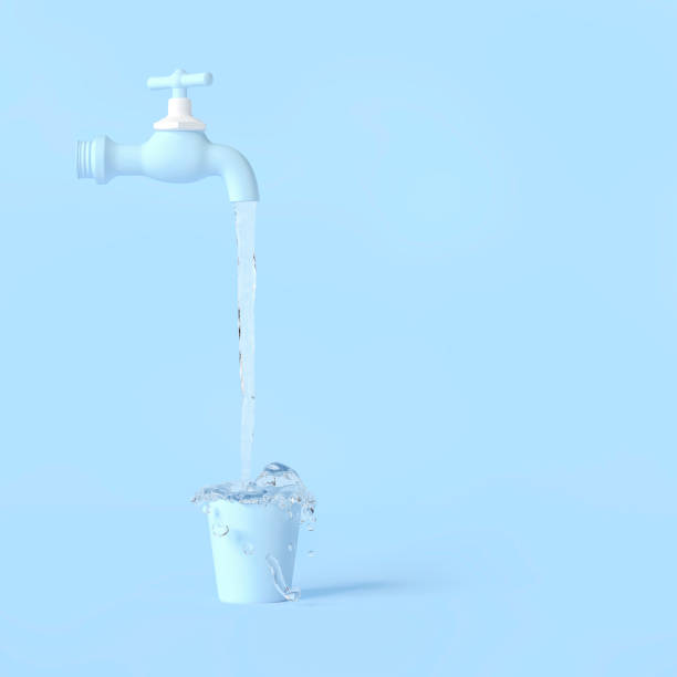 Water tap pouring fresh Into a cup pastel color with clipping path and copy space for your text, minimal concept 3d render.