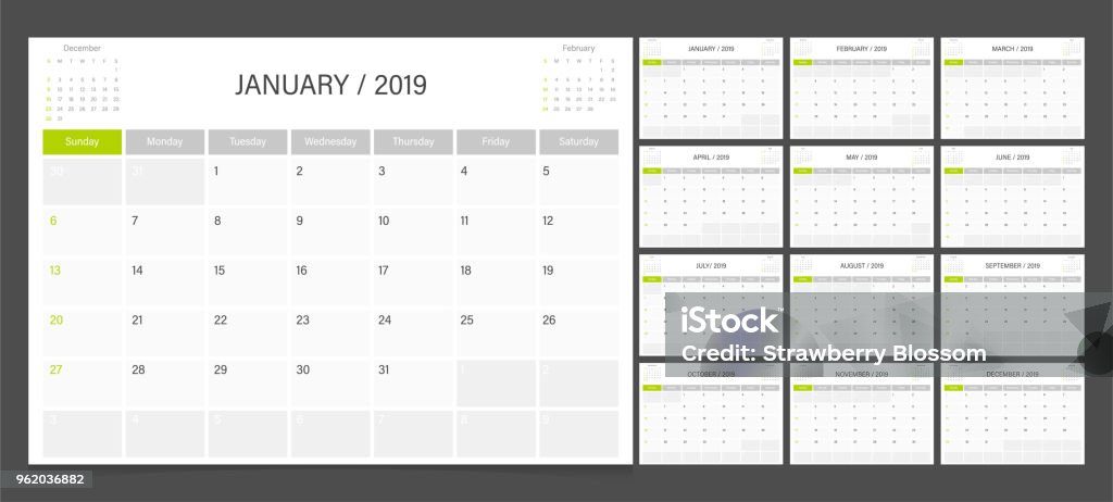 La settimana dei modelli di progettazione di Calendar Planner 2019 inizia domenica. - arte vettoriale royalty-free di Calendario