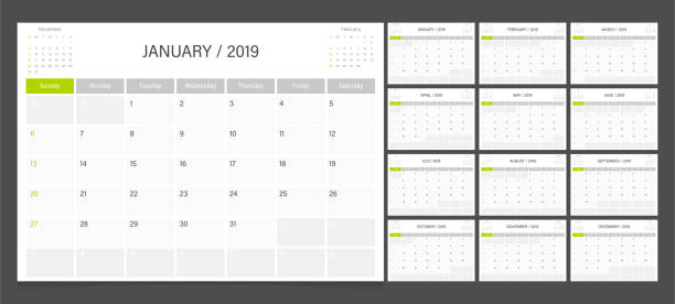 illustrazioni stock, clip art, cartoni animati e icone di tendenza di la settimana dei modelli di progettazione di calendar planner 2019 inizia domenica. - 2019