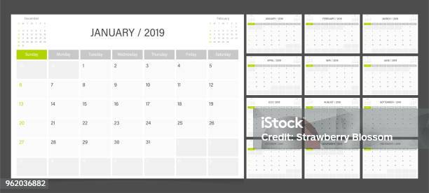 Calendar Planner 2019 Design Template Week Start On Sunday Stock Illustration - Download Image Now