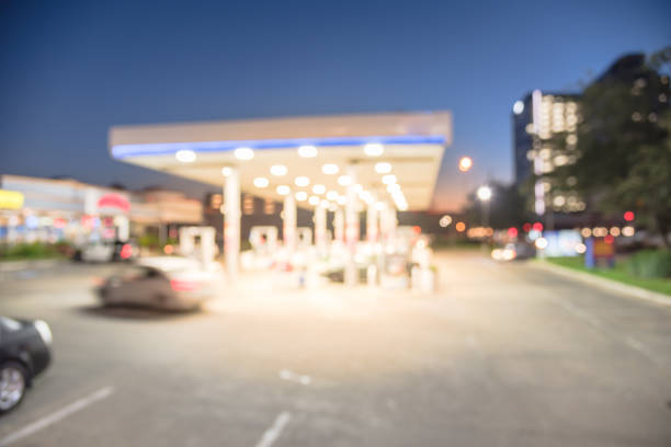 istock Abstract blurred gas station in Houston, Texas, USA at blue hour 962040086