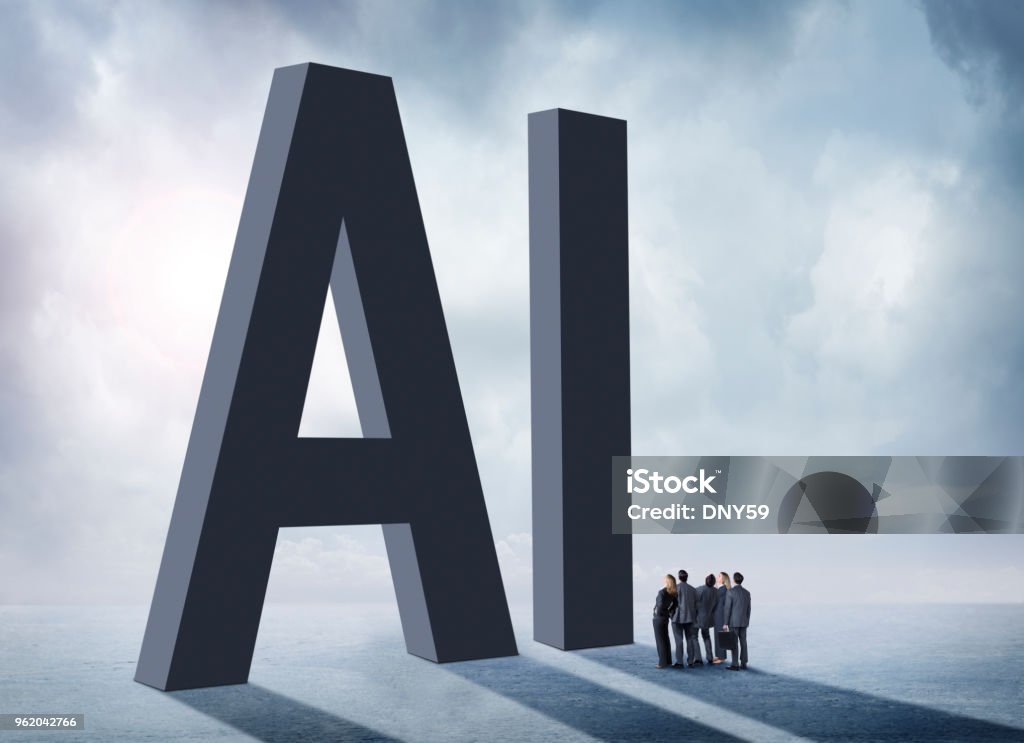 Group Of Businesspeople Standing In Shadow Of AI A group of businesspeople stand in the shadow of the large letters, "AI" which stand for artificial intelligence.  They are concerned and unsure about the unknown implications of the rollout of artificial intelligence on our society. Artificial Intelligence Stock Photo