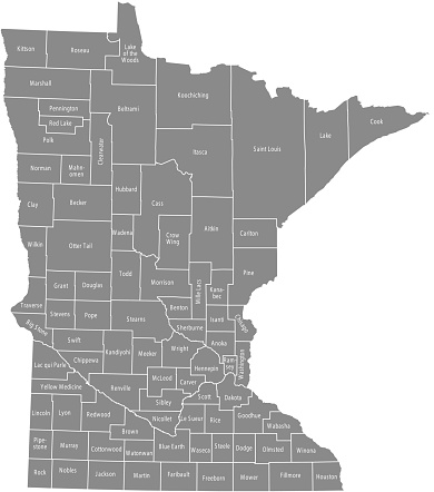Minnesota county map vector outline gray background. Map of Minnesota state of USA with borders and counties names labeled