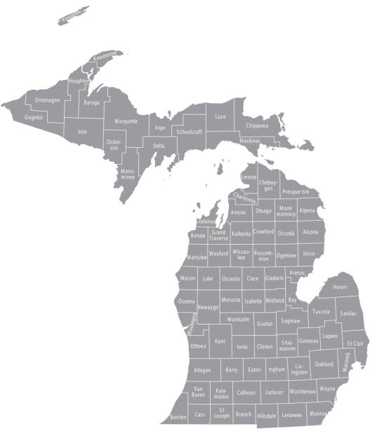 Michigan county map vector outline gray background. Map of Michigan state of USA with borders and counties names labeled Michigan county map vector outline gray background. Map of Michigan state of USA with borders and counties names labeled upper peninsula michigan map stock illustrations