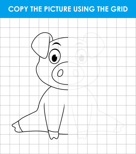 illustrazioni stock, clip art, cartoni animati e icone di tendenza di simpatico maialino seduto. grid copy gioco, completare l'immagine gioco educativo per bambini - 2051