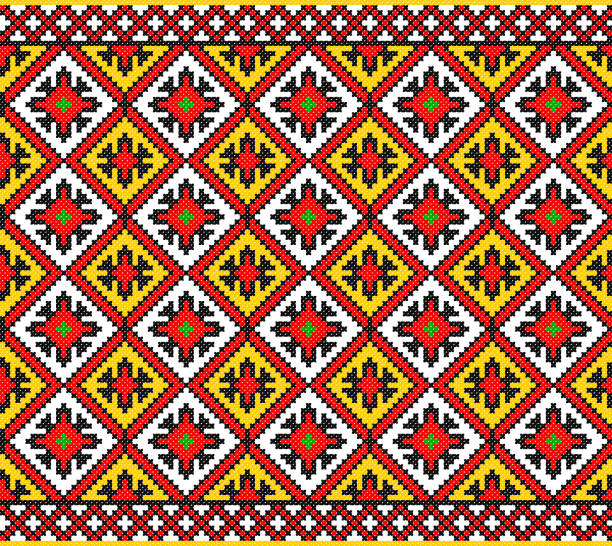 ilustrações de stock, clip art, desenhos animados e ícones de embroidered good like old handmade cross-stitch ethnic ukraine pattern - embroidery cross stitch textured linen