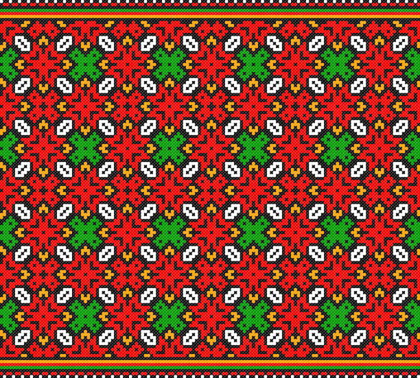 ilustrações de stock, clip art, desenhos animados e ícones de embroidered good like old handmade cross-stitch ethnic ukraine pattern - embroidery cross stitch textured linen