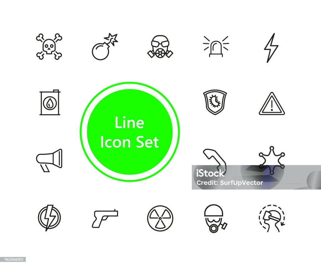 Guard icon set Guard icons. Set of line icons. Bomb, radiation sign, fire. Caution signs concept. Vector illustration can be used for topics like danger, hazard, security Arranging stock vector