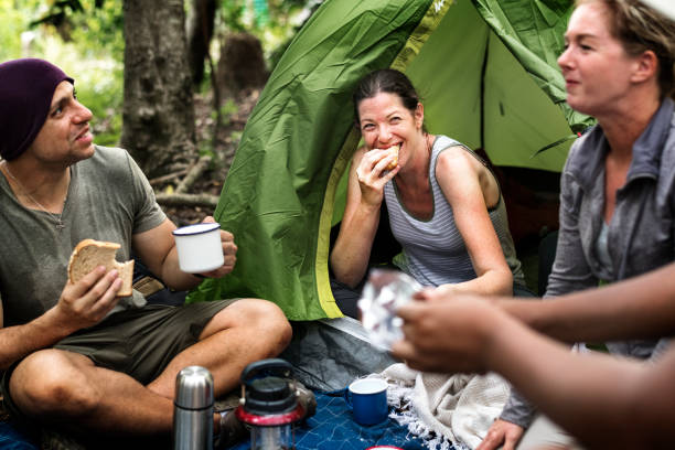 istock Group of diverse friends camping in the forest 962066440