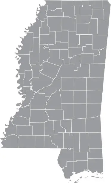 Vector illustration of Mississippi county map vector outline gray background. Map of Mississippi state of United States of America with counties borders