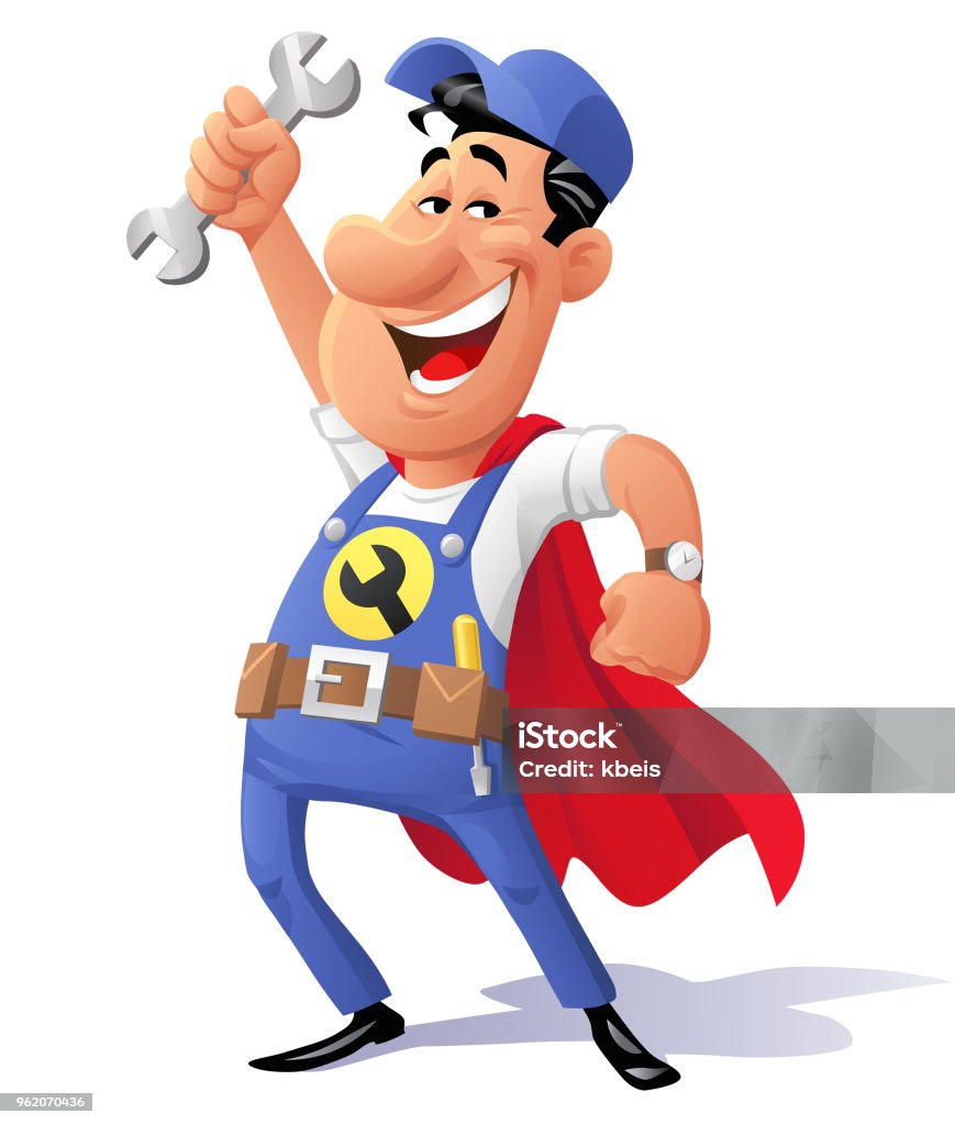 Super-Mechanic Vector illustration of a repairman or mechanic wearing blue coveralls, a cap and a red cape posing as a superhero. He is holding a wrench in the air and laughing at the camera. Humor stock vector