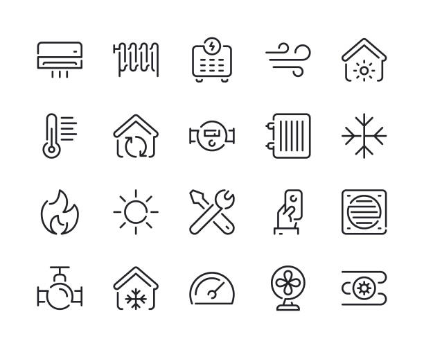 ilustrações de stock, clip art, desenhos animados e ícones de heating and cooling line icons - radiator gas boiler residential structure house