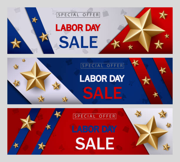 ilustrações de stock, clip art, desenhos animados e ícones de labor day sale banner template with american flag and golden star design - 2281