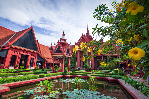 Traditional Khmer architecture and beautiful courtyard of the National Museum of Cambodia. Phnom Penh City, Cambodia.