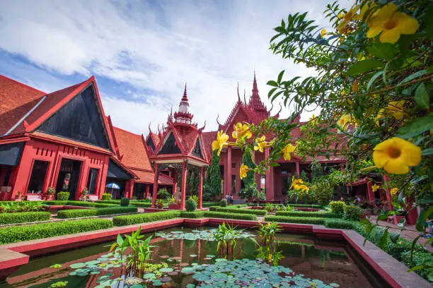 Photo of Traditional Khmer architecture and beautiful courtyard of the National Museum of Cambodia. Phnom Penh City, Cambodia.