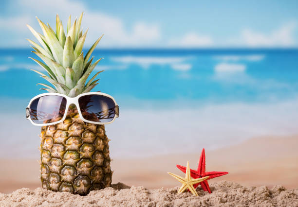 istock Funny pineapple with glasses and two starfish, on sandy beach 962072136
