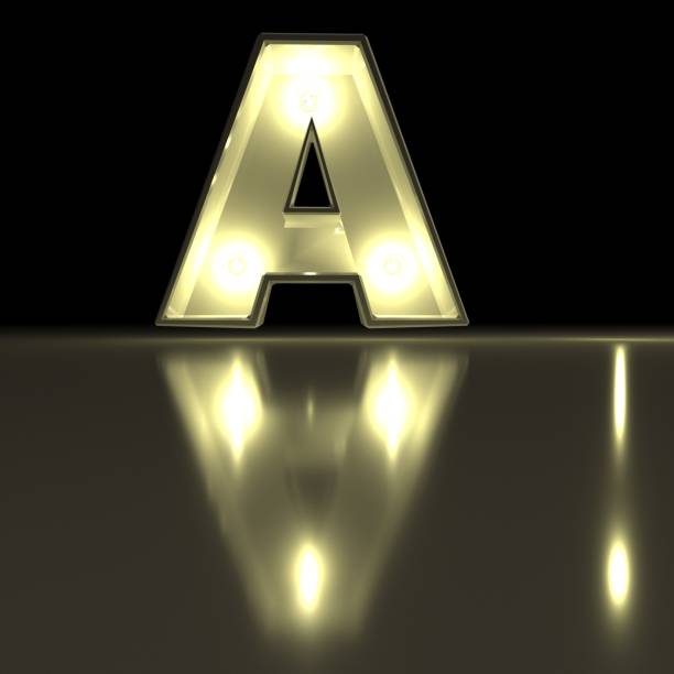 istock Character A font with reflection. Light bulb glowing letter alphabet. Capital symbol on black background. 3d rendering 962073064