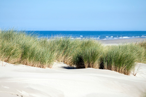 Sand dunes by sea against a blue sky