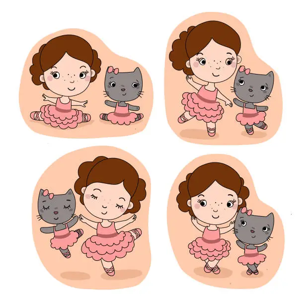 Vector illustration of little girl and little cat dancing ballet