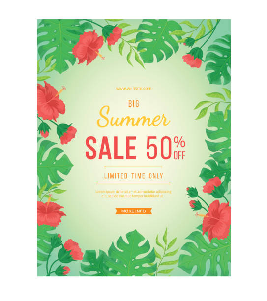 ilustrações de stock, clip art, desenhos animados e ícones de big summer sale banner. flowers and buds of hibiscus, leaves monstera and palm. tropical exotic template poster design for print or web. - palm leaf flash