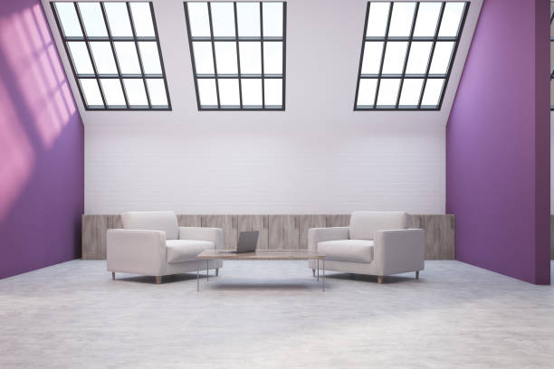 istock Purple and white attic lving room interior 962076110