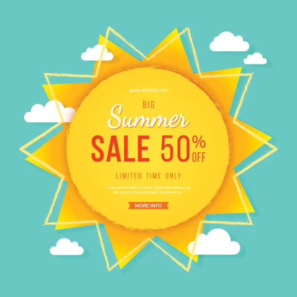 Vector illustration of Big summer sale banner. Sun with rays, clouds and sign. Summer template poster design for print or web.