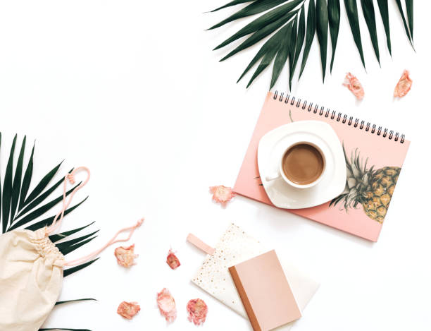 istock Flat lay blogger workspace mockup with tropical leaves , coffee and accessories on white background. Copy space 962078032