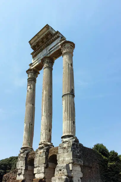 Amazing view of Temple of Dioscuri at Roman Forum in city of Rome, Italy