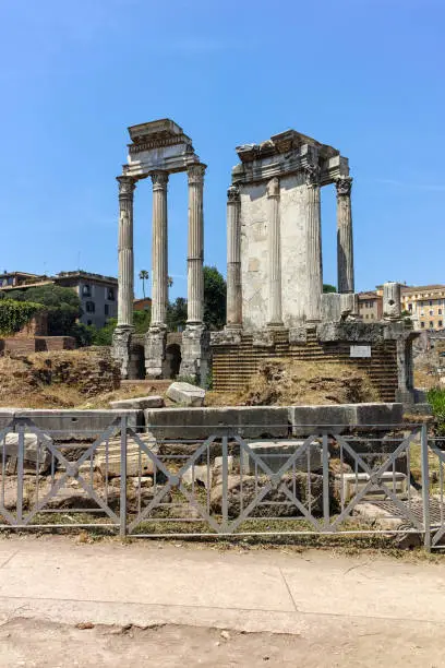 Amazing view of Temple of Dioscuri at Roman Forum in city of Rome, Italy