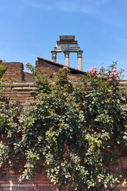 Amazing view of Temple of Dioscuri at Roman Forum in city of Rome, Italy