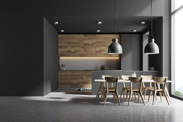 istock Gray and wooden kitchen with a table, wall 962086604